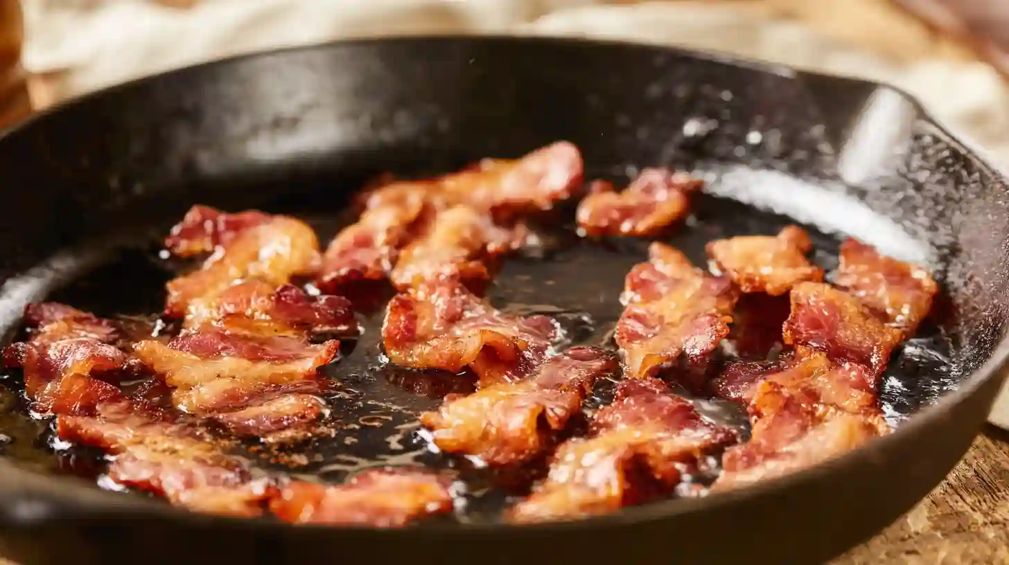 crispy-bacon-skillet-honey-garlic-bacon-chicken Crispy thick-cut bacon sizzling in a cast-iron skillet for honey garlic bacon chicken recipe – best skillet chicken recipes, easy weeknight dinner ideas, high-protein chicken and bacon meal.