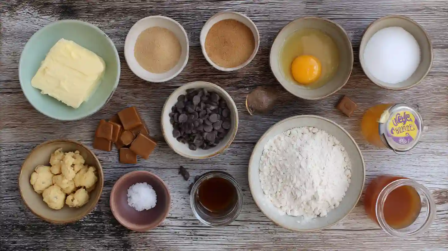 dairy-milk-caramel-cookie-cups-recipe-ingredients-image Dairy Milk Caramel Cookie Cups recipe ingredients – butter, sugars, egg, vanilla, flour, caramel, chocolate chips
