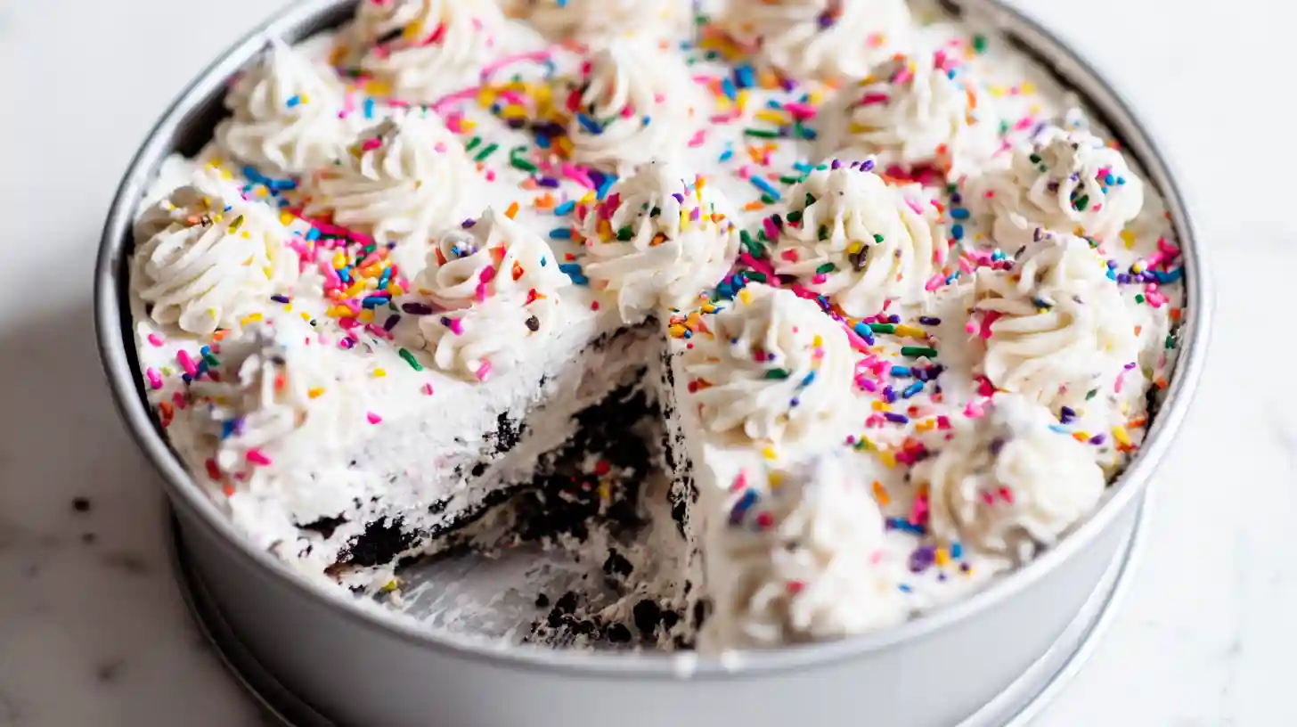 decorated-funfetti-oreo-icebox-cake-step6 Decorating No-Bake Funfetti Oreo Icebox Cake recipe with whipped cream and sprinkles, one of the best easy desserts for kids to make