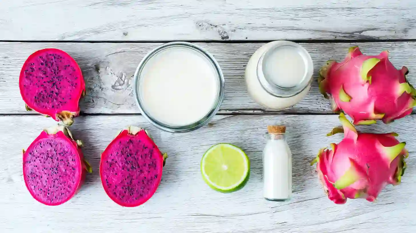 dragon-fruit-ice-cream-homemade-ingredients Ingredients for dragon fruit ice cream homemade including dragon fruit, cream, and condensed milk