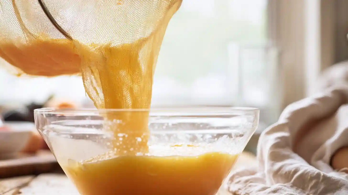 dreamsicle-jelly-step1-strain-orange-juice-canning Homemade canning recipe – straining fresh orange juice through cheesecloth for Dreamsicle Jelly, a key step using simple kitchen gadgets for home canning.