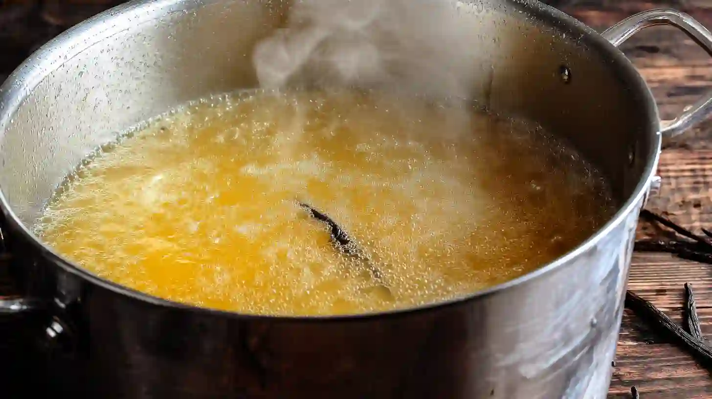 dreamsicle-jelly-step2-mix-boil-orange-vanilla Easy summer desserts with orange – Dreamsicle Jelly boiling in a large pot with sugar, butter, and vanilla beans, shown as part of a homemade canning recipe using trusted kitchen gadgets for home canning.