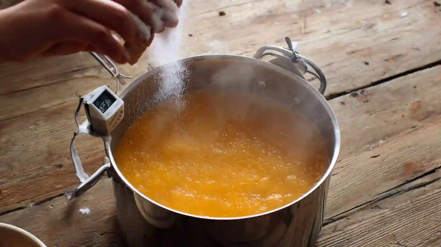 dreamsicle-jelly-step3-add-pectin-no-pectin-recipe No pectin jelly recipe – Dreamsicle Jelly boiling at 220°F with pectin being added, a key step in a homemade canning recipe using kitchen gadgets for home canning.