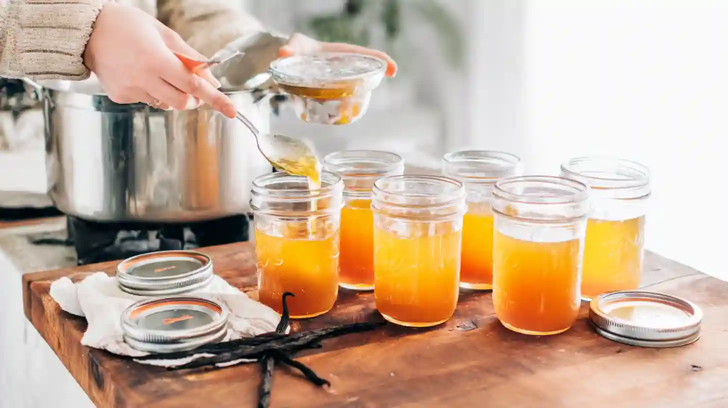 dreamsicle-jelly-step4-fill-seal-canning-jars Food-safe packaging supplies – ladling hot Dreamsicle Jelly into mason jars with lids and bands, a key step in this homemade canning recipe.