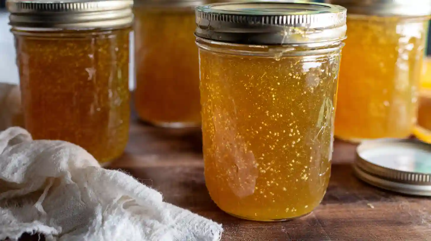 dreamsicle-jelly-step5-cool-flip-citrus-canning Easy citrus jelly – cooling jars of Dreamsicle Jelly turned upside down to evenly distribute vanilla specks, a classic step in a homemade canning recipe.