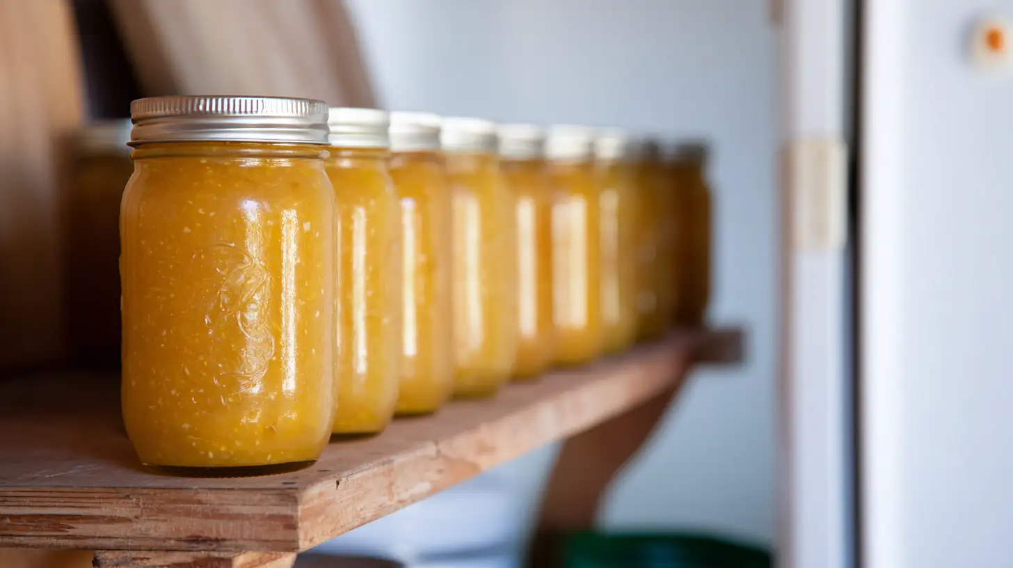 dreamsicle-jelly-step6-store-savor-canning Holiday gift basket recipes – sealed jars of Dreamsicle Jelly stored safely in a pantry and refrigerator, the final step in a homemade canning recipe.