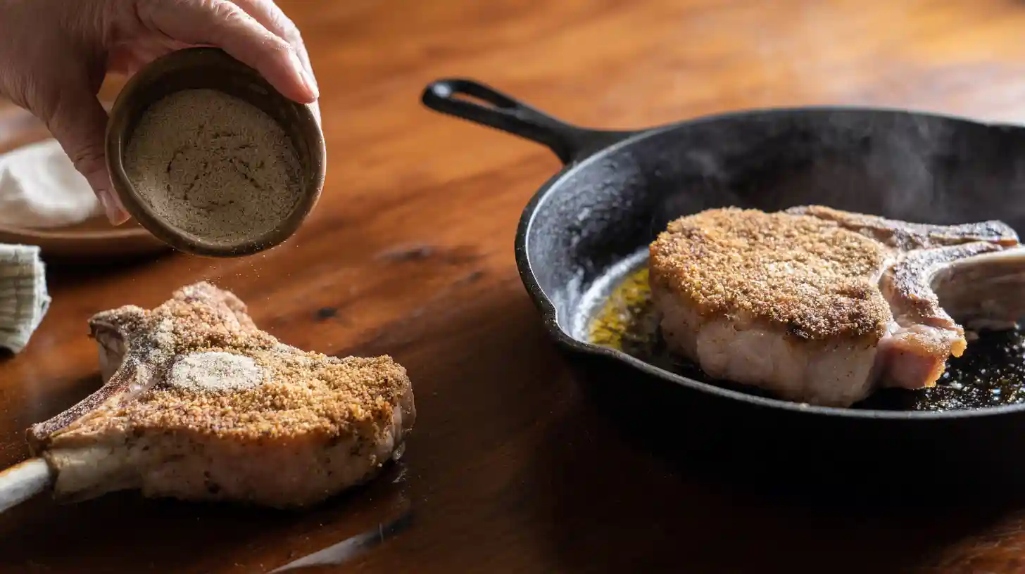 dredge-fry-country-fried-pork-chops-step4 dredging and frying pork chops in seasoned flour – best comfort food recipe for skillet dinners