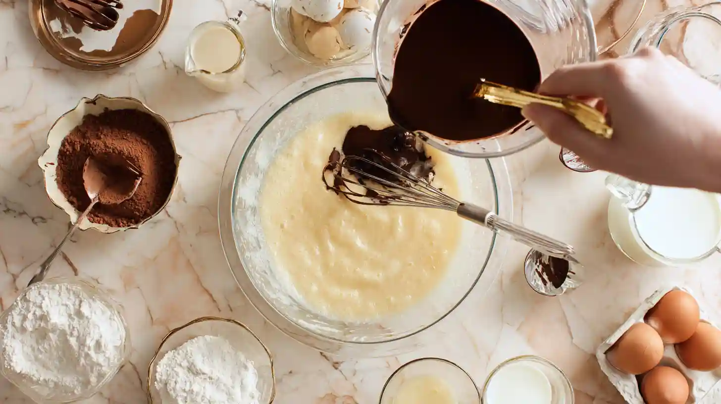 dubai-chocolate-pancakes-recipe-step-3-batter-mix Whisking batter for Dubai Chocolate Pancakes Recipe – fluffy chocolate base for easy elegant breakfast desserts