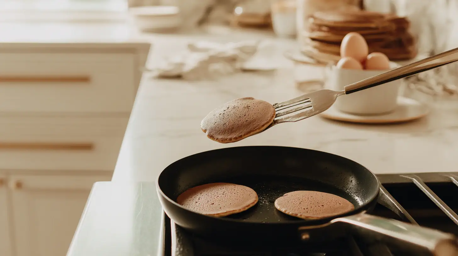 dubai-chocolate-pancakes-recipe-step-4-frying Frying Dubai Chocolate Pancakes Recipe in non-stick pan – rich breakfast recipe with elegant dessert texture