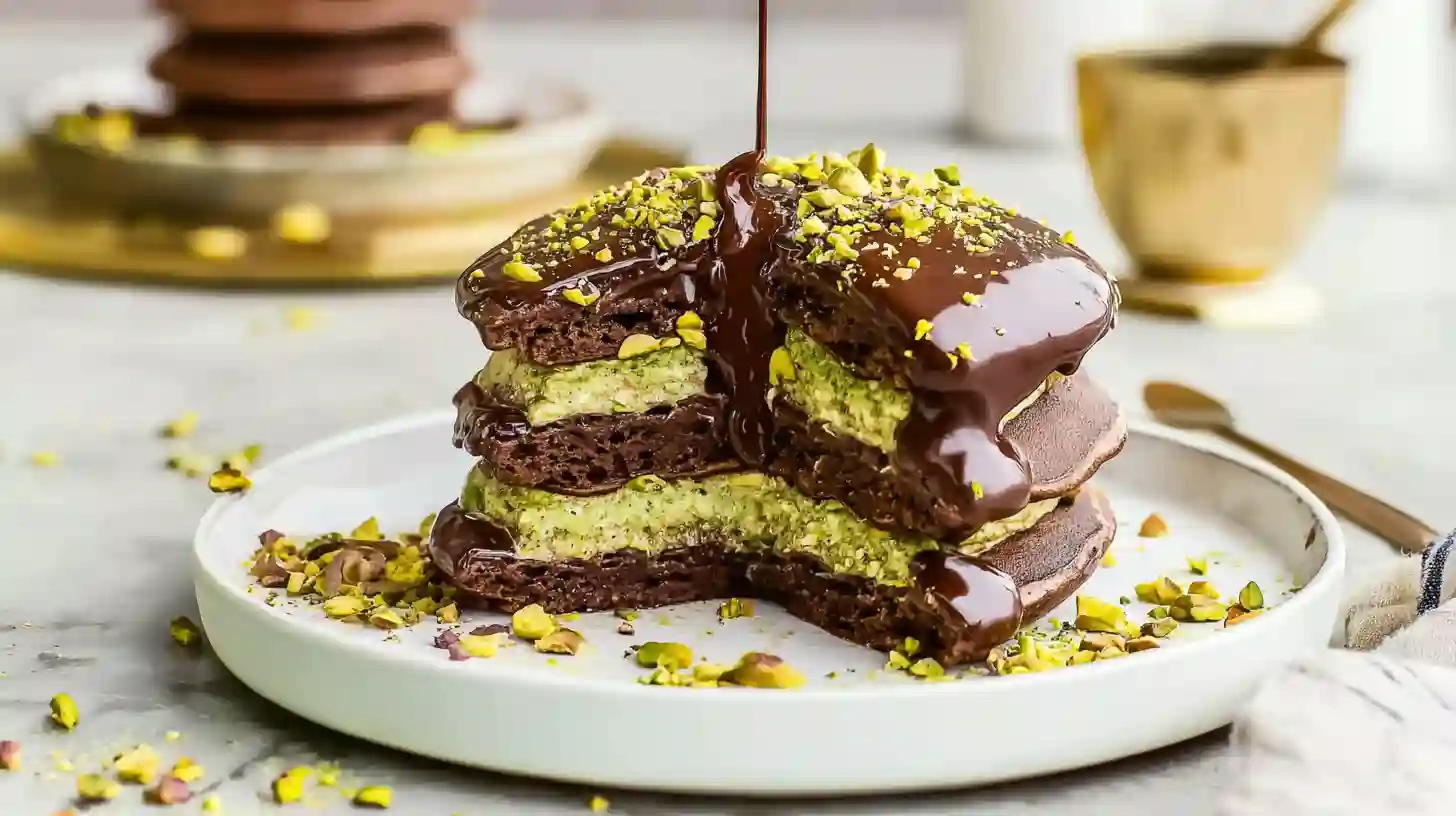 dubai-chocolate-pancakes-stacking-dessert-luxury Stack of Dubai Chocolate Pancakes layered with pistachio filling and ganache – high-end dessert ideas for dinner parties