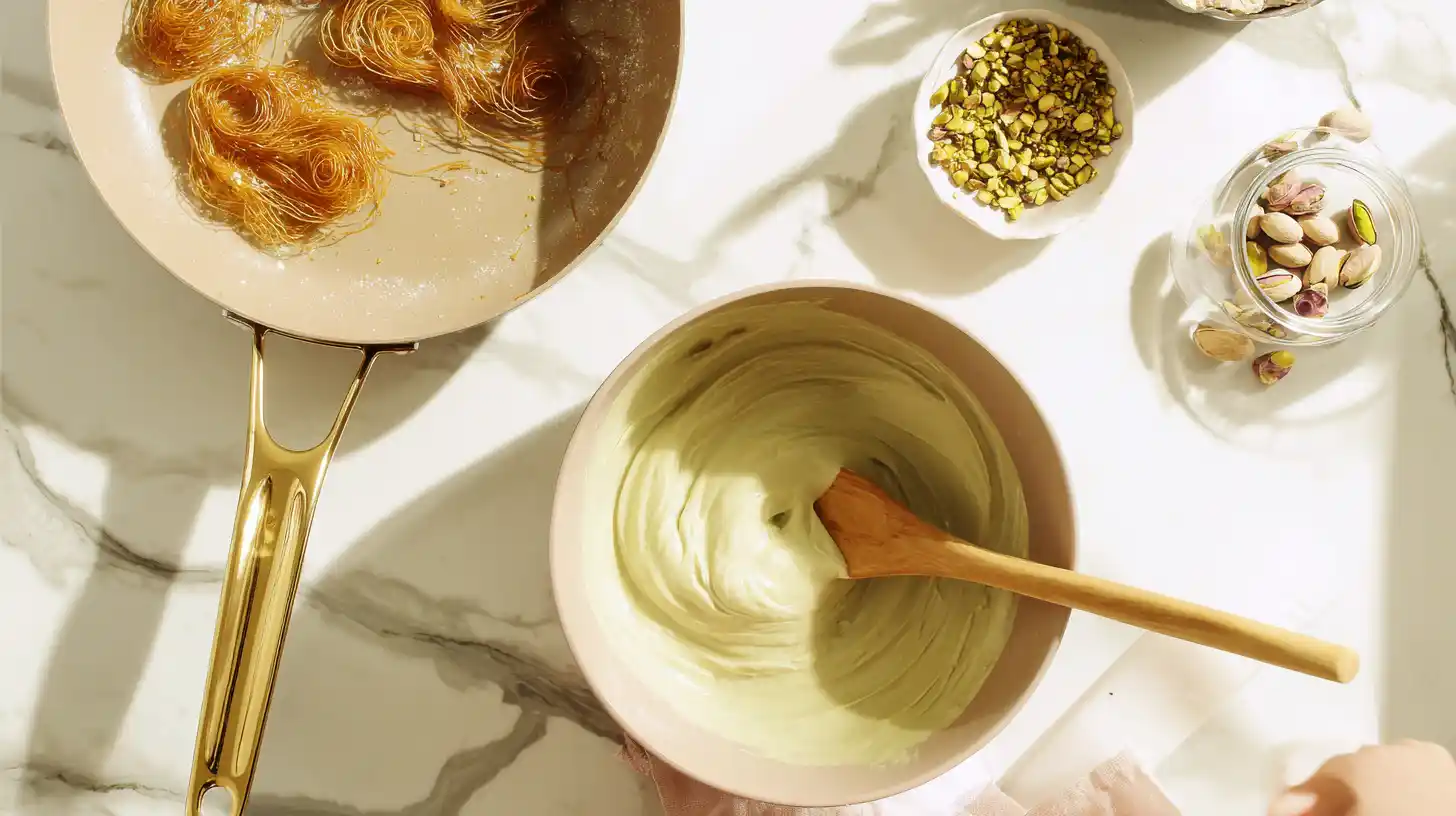 dubai-filling-pistachio-cream-kataifi-butter-toast Creamy pistachio tahini filling with golden toasted kataifi – high-end dessert idea for dinner parties and luxury Middle Eastern sweets
