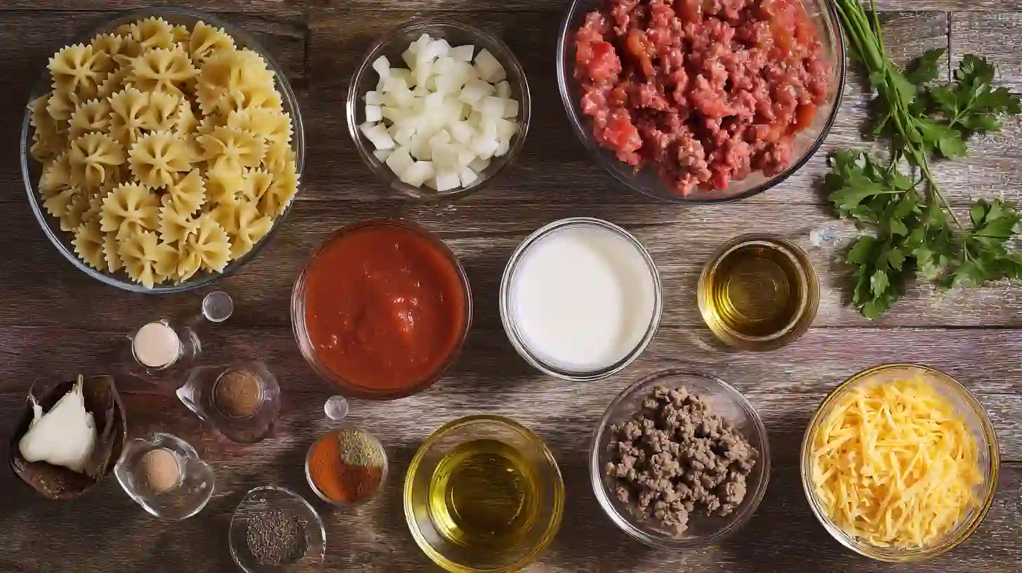 easy-creamy-beef-and-bowtie-pasta-ingredients-Image Easy creamy beef and bowtie pasta ingredients – ground beef, farfalle pasta, heavy cream, shredded cheese, Italian seasoning – quick and cheap meals, high protein family dinners
