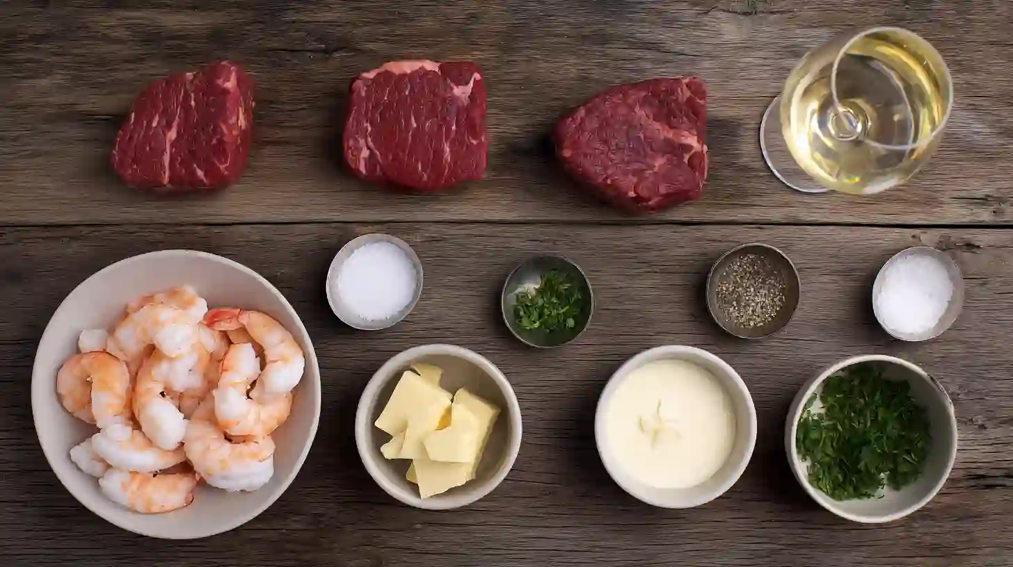easy-filet-mignon-shrimp-lobster-ingredients Ingredients for Easy Filet Mignon Shrimp Lobster – filet mignon steaks, shrimp, lobster meat, cream, butter, garlic, parsley, and wine for luxury surf and turf at home.