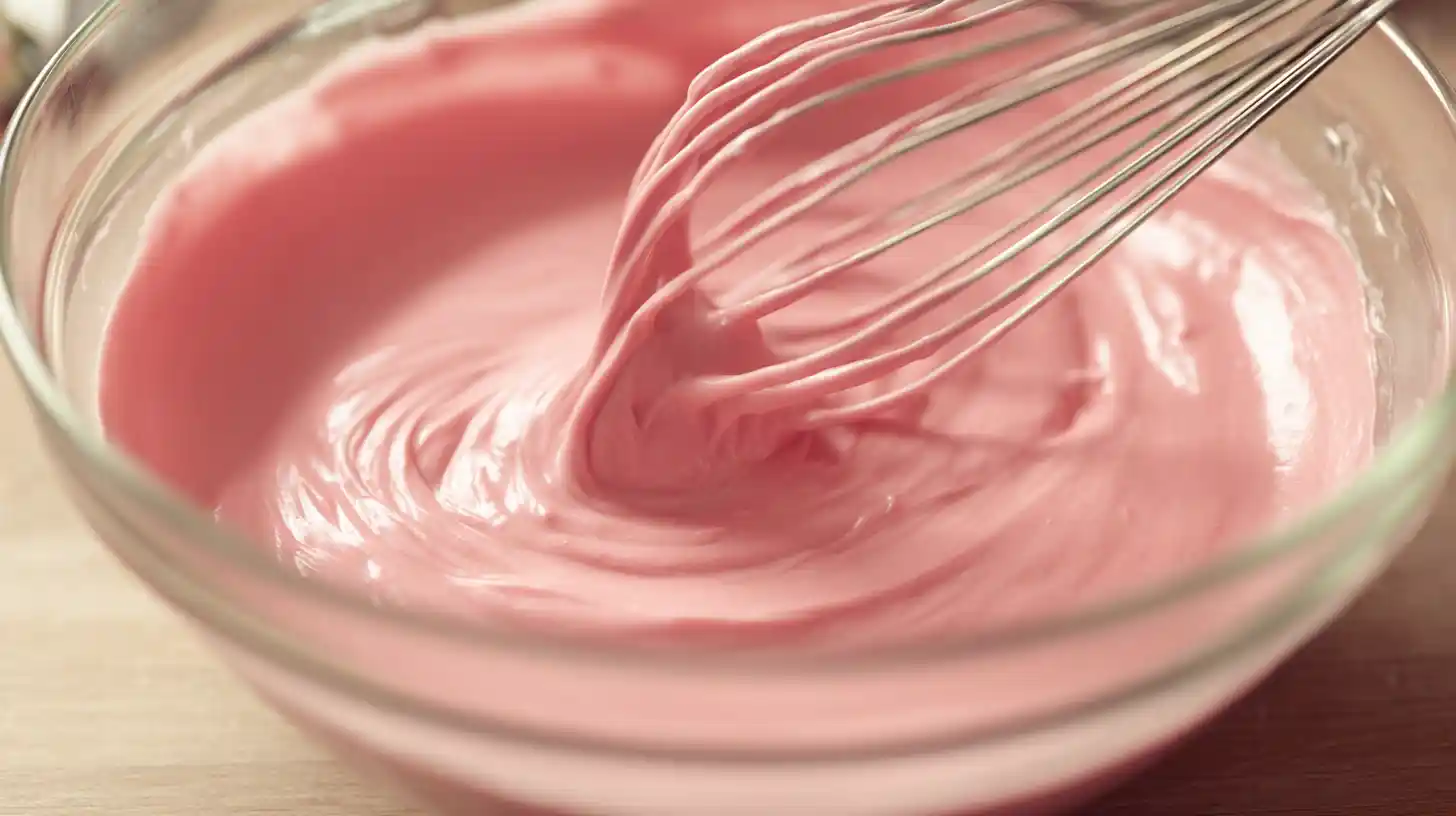 easy-strawberry-honey-bun-cake-batter-mixing Easy strawberry dessert recipe – mixing strawberry honey bun cake batter with sour cream, eggs, and vanilla for moist bakery-style cake