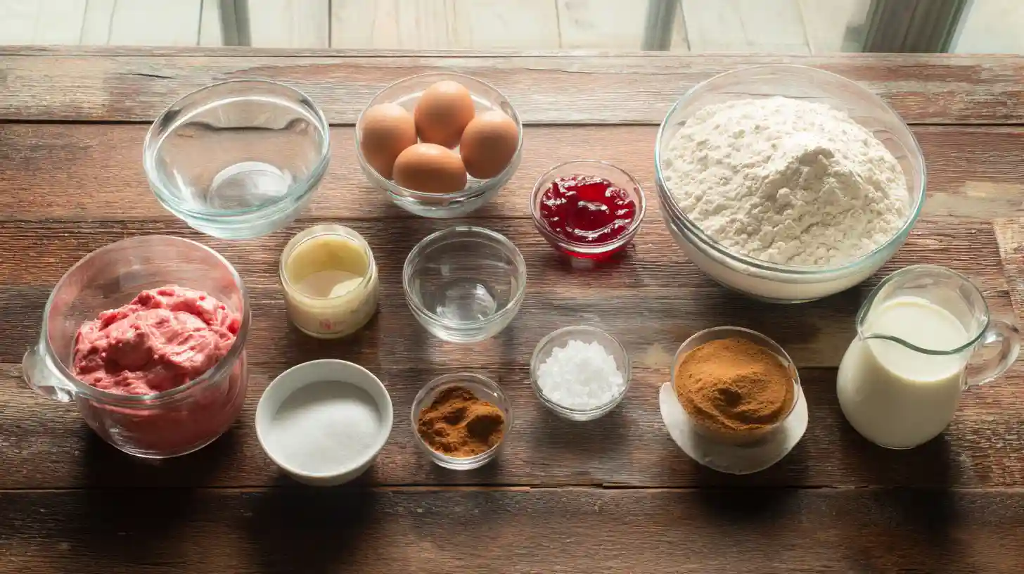 easy-strawberry-honey-bun-cake-ingredient-image Ingredients for Easy Strawberry Honey Bun Cake – quick and cheap strawberry dessert recipe for families