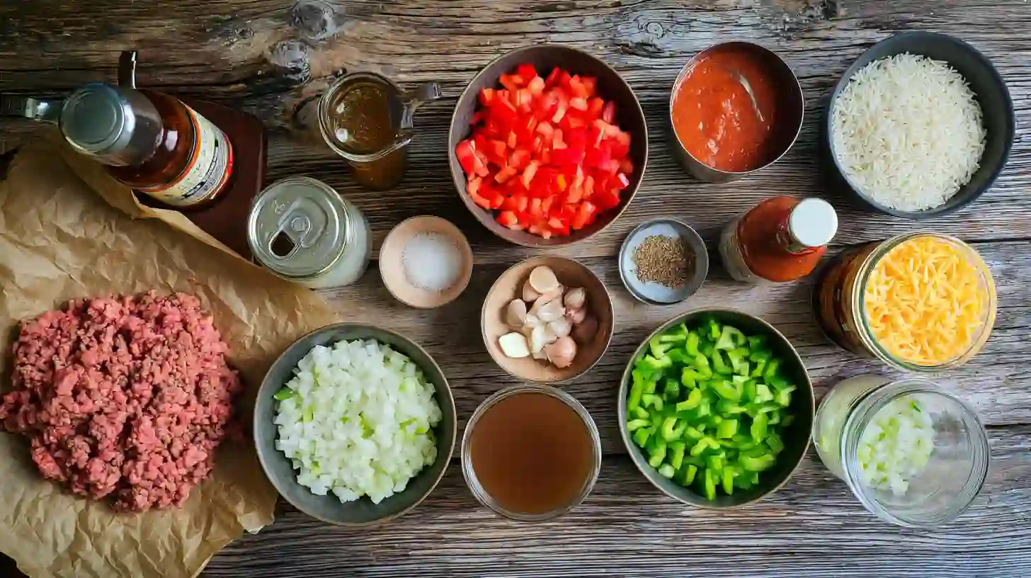 easy-stuffed-bell-pepper-soup-recipe-ingredients Ingredients for easy stuffed bell pepper soup recipe with ground beef, peppers, rice, and tomatoes – healthy soup for busy families