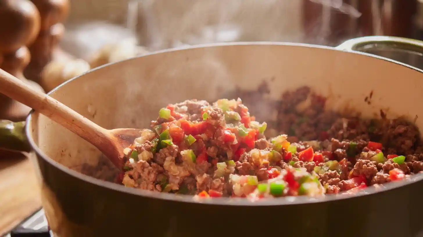 easy-stuffed-bell-pepper-soup-recipe-step-2-add-garlic Easy stuffed bell pepper soup recipe step 2 – adding minced garlic to ground beef, peppers, and onions for a flavorful one pot dinner