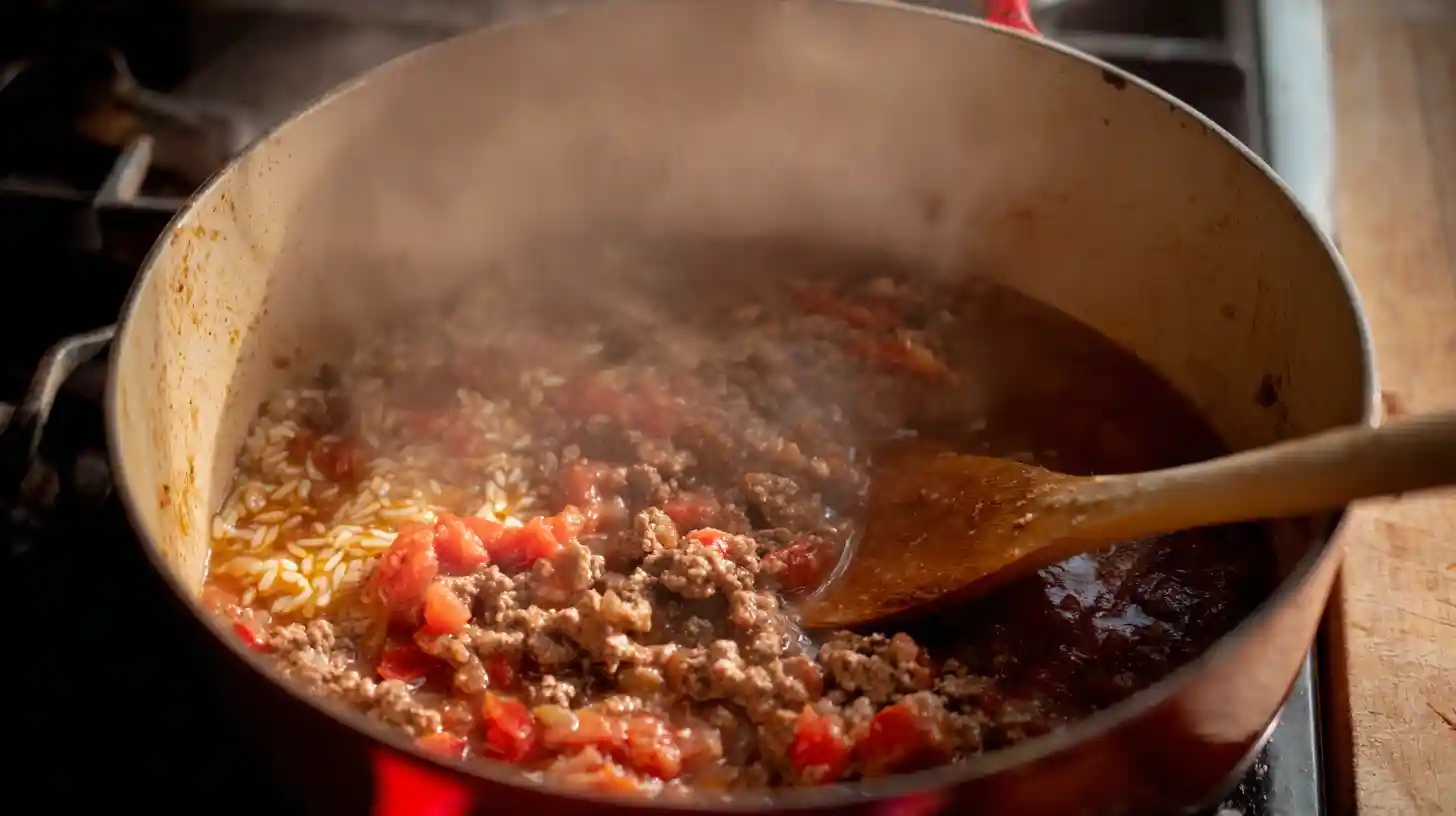 easy-stuffed-bell-pepper-soup-recipe-step-3-add-tomatoes-broth-rice Easy stuffed bell pepper soup recipe step 3 – adding tomatoes, broth, and rice to beef and peppers for a hearty one pot dinner