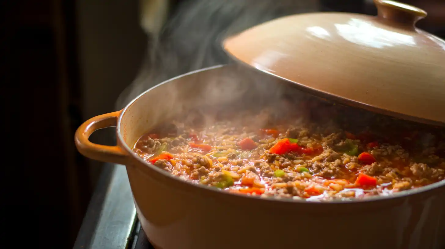 easy-stuffed-bell-pepper-soup-recipe-step-4-simmer Easy stuffed bell pepper soup recipe step 4 – simmering beef, peppers, tomatoes, and rice for a tender, flavorful one pot dinner
