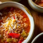 Easy stuffed bell pepper soup recipe step 5 – serving bowls topped with melted cheese for a hearty, healthy one pot dinner