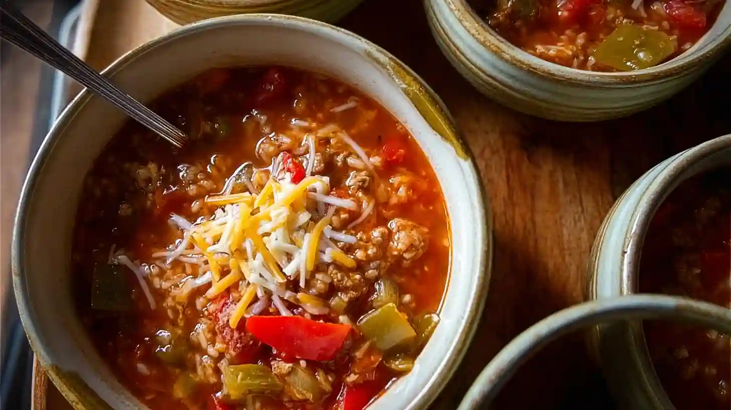 easy-stuffed-bell-pepper-soup-recipe-step-5-serve Easy stuffed bell pepper soup recipe step 5 – serving bowls topped with melted cheese for a hearty, healthy one pot dinner