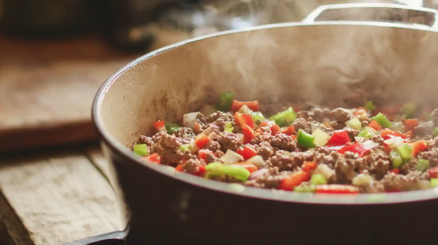 easy-stuffed-bell-pepper-soup-recipe-step-image 1-brown-beef Easy stuffed bell pepper soup recipe step 1 – browning ground beef with peppers and onions in a Dutch oven for a healthy one pot dinner