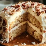 Coconut Pecan Buttermilk Cake recipe with frosting, pecans, and coconut flakes