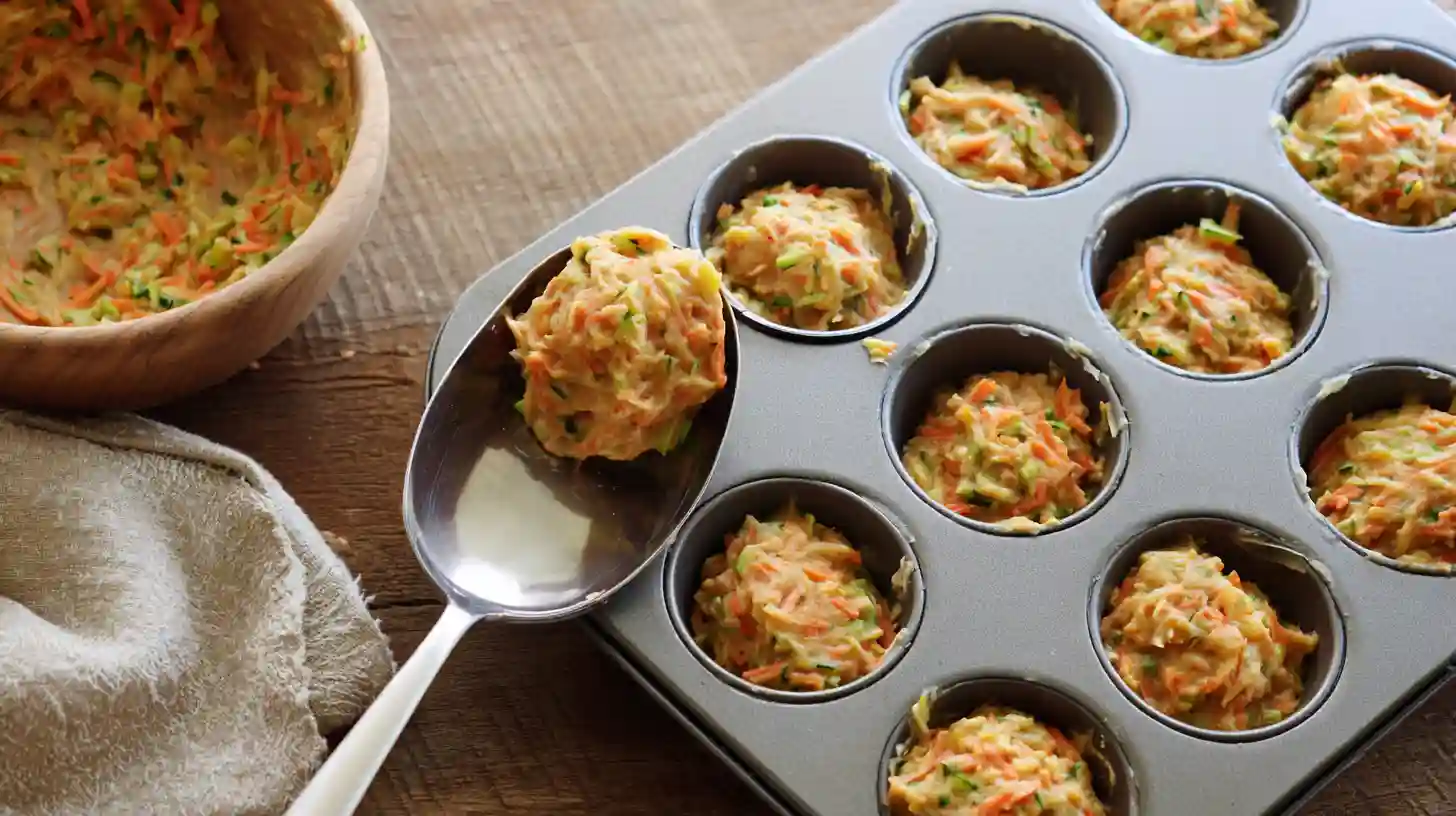 fill-muffin-tin-zucchini-potato-carrot-muffins Scooping veggie muffin batter into tin for Zucchini Potato Carrot and Cheese Muffins – a high-AdSense easy vegetable muffin recipe for family meals