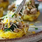 Filled stuffed mashed potato nests with turkey, eggs, spinach, and cheese, a high-protein potato recipe for quick and cheap meals