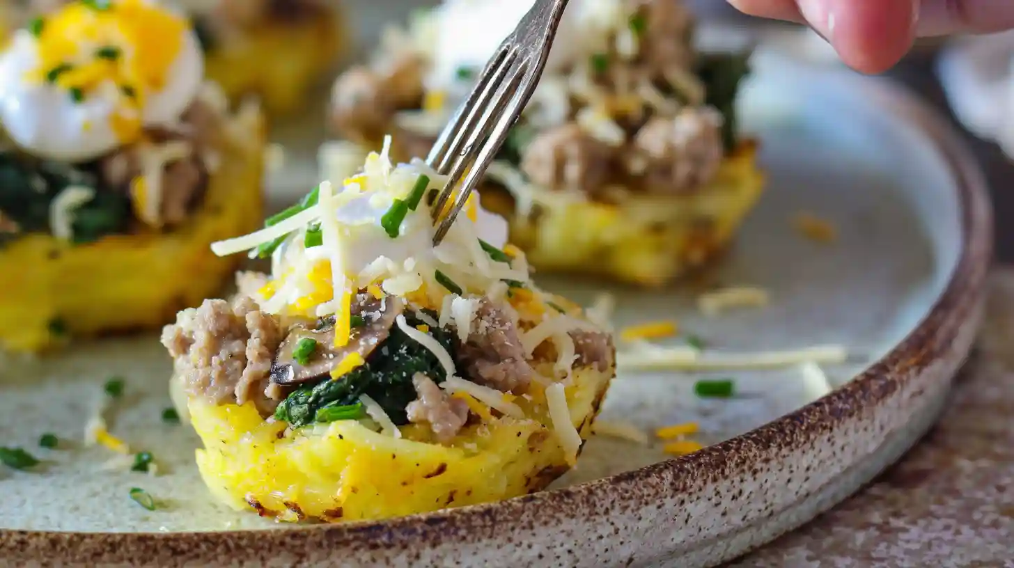 filled-stuffed-mashed-potato-nests Filled stuffed mashed potato nests with turkey, eggs, spinach, and cheese, a high-protein potato recipe for quick and cheap meals