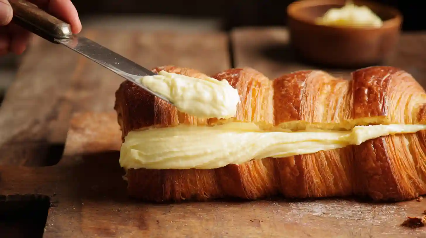 filling-custard-boston-cream-croissant-loaf Filling croissant loaf with custard cream for Dunkin Donuts Boston Cream Croissant Loaf recipe, a family-friendly Boston cream filling dessert