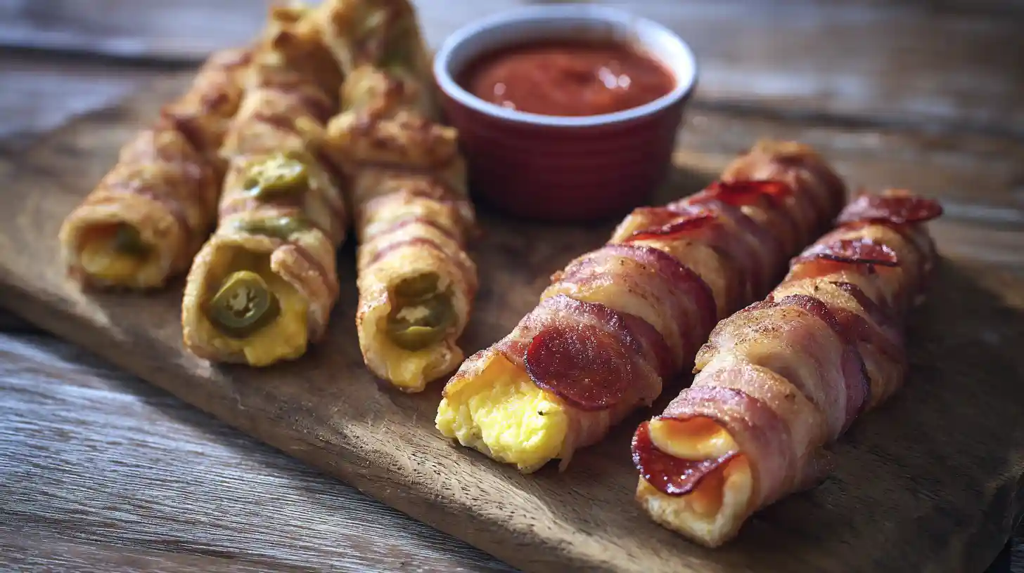 flavor-twists-bacon-wrapped-grilled-cheese-fingers Flavor twists for Bacon-Wrapped Grilled Cheese Fingers recipe including Spicy Jalapeño Cheddar, Pizza Style, and Breakfast Version, perfect for family-friendly sandwich recipes and easy bacon appetizers for parties