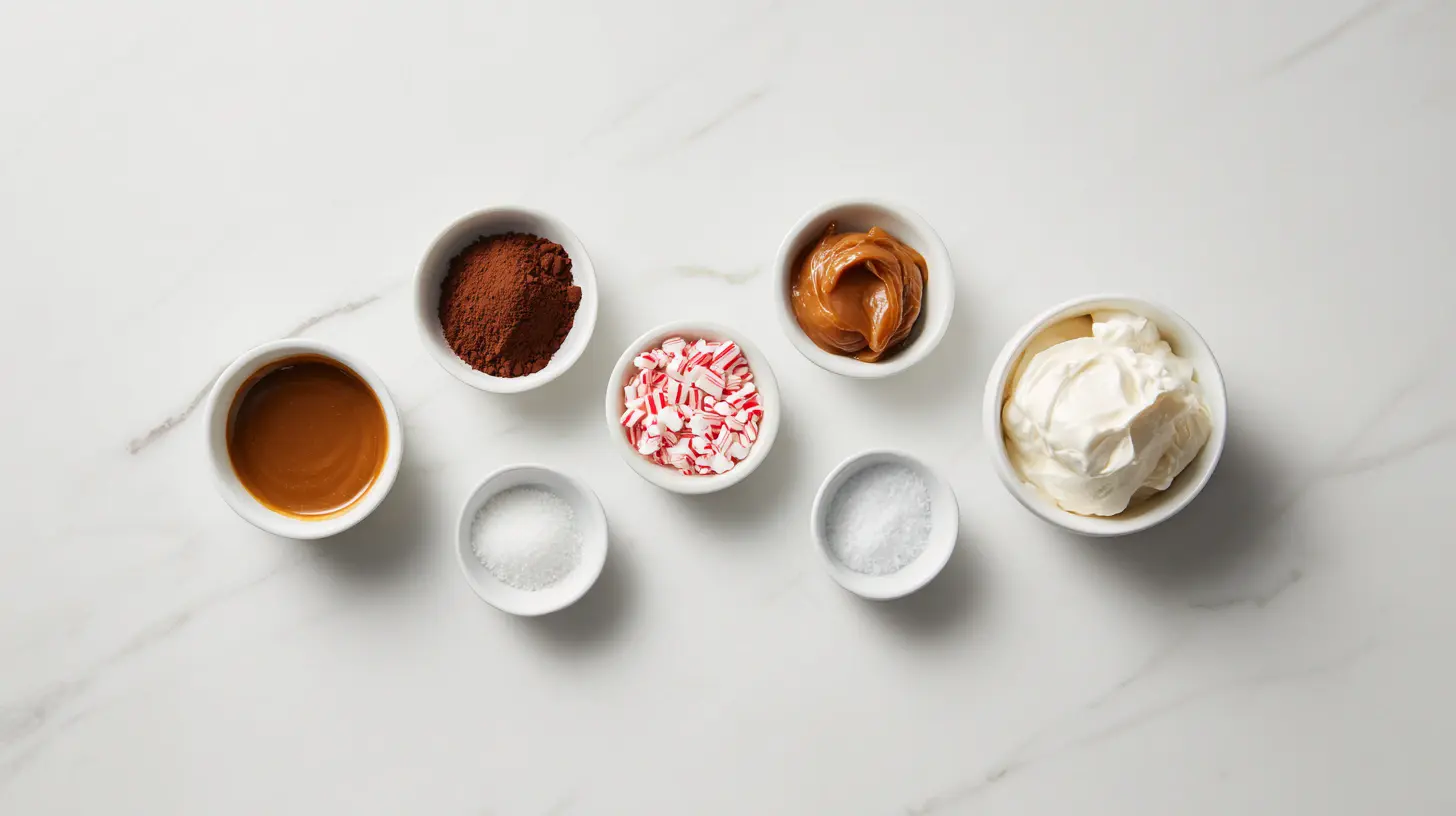 flavor-twists-chocolate-dessert-variations Mocha espresso powder, crushed peppermint candy, salted caramel sauce, coconut whipped cream, and gluten-free cookies for chocolate dessert flavor variations.