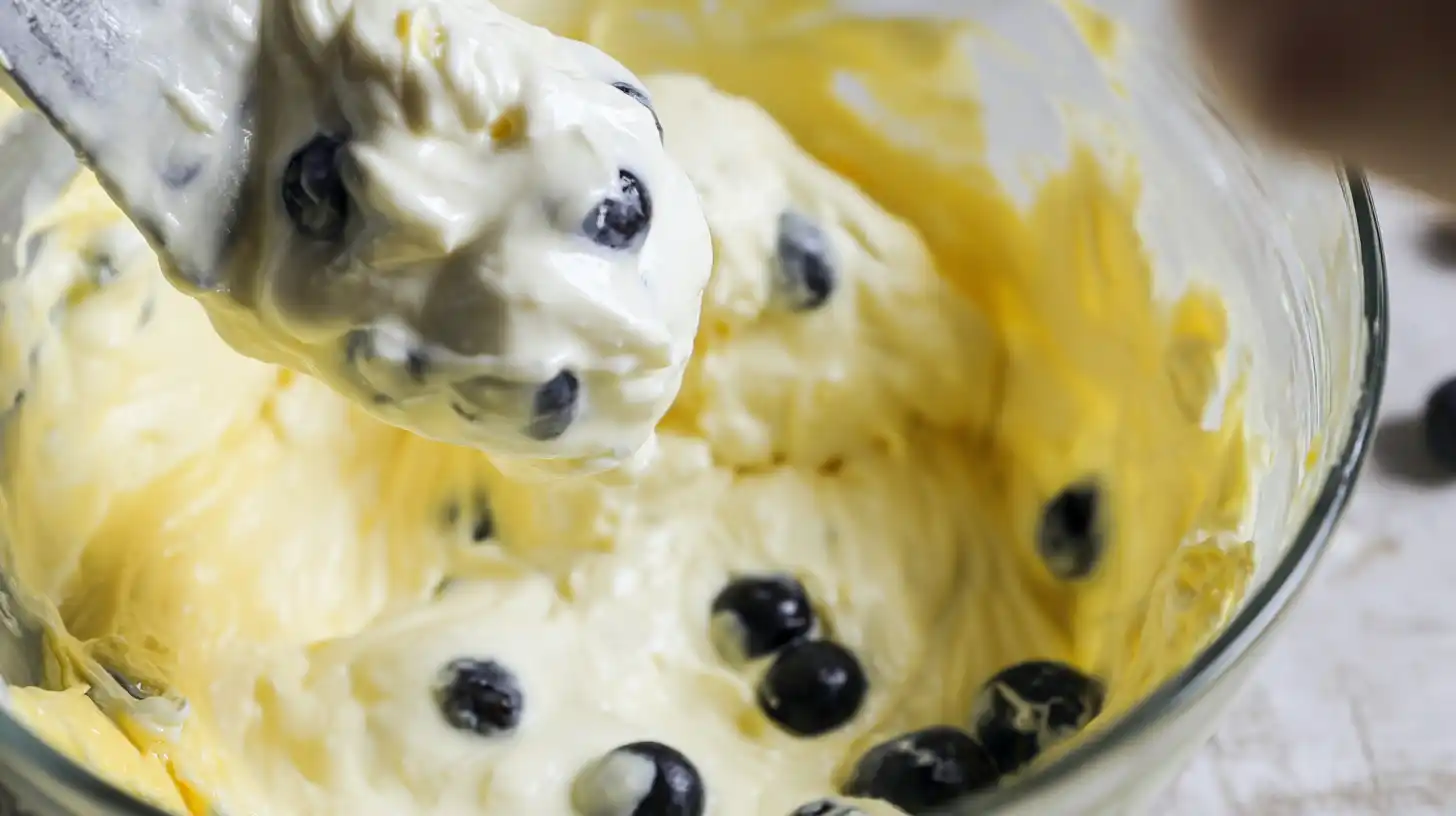 folding-yolk-mixture-blueberries-cloud-bread Folding yolk mixture into whipped egg whites with blueberries for blueberry cottage cheese recipes and protein cloud bread