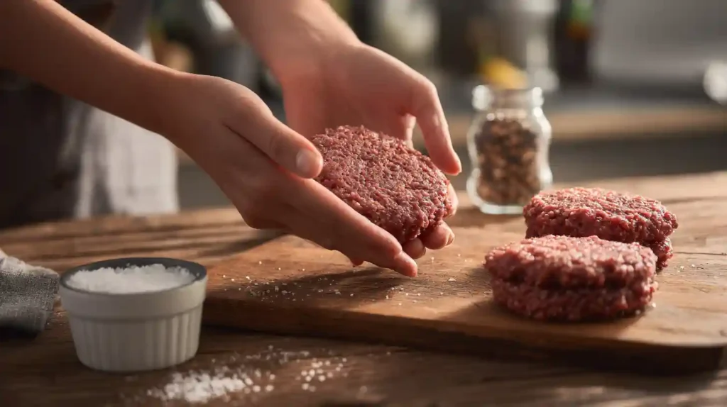 Forming seasoned beef patties for Bacon Strawberry Shortcake Burger – perfect for homemade bacon recipes and summer family dinners