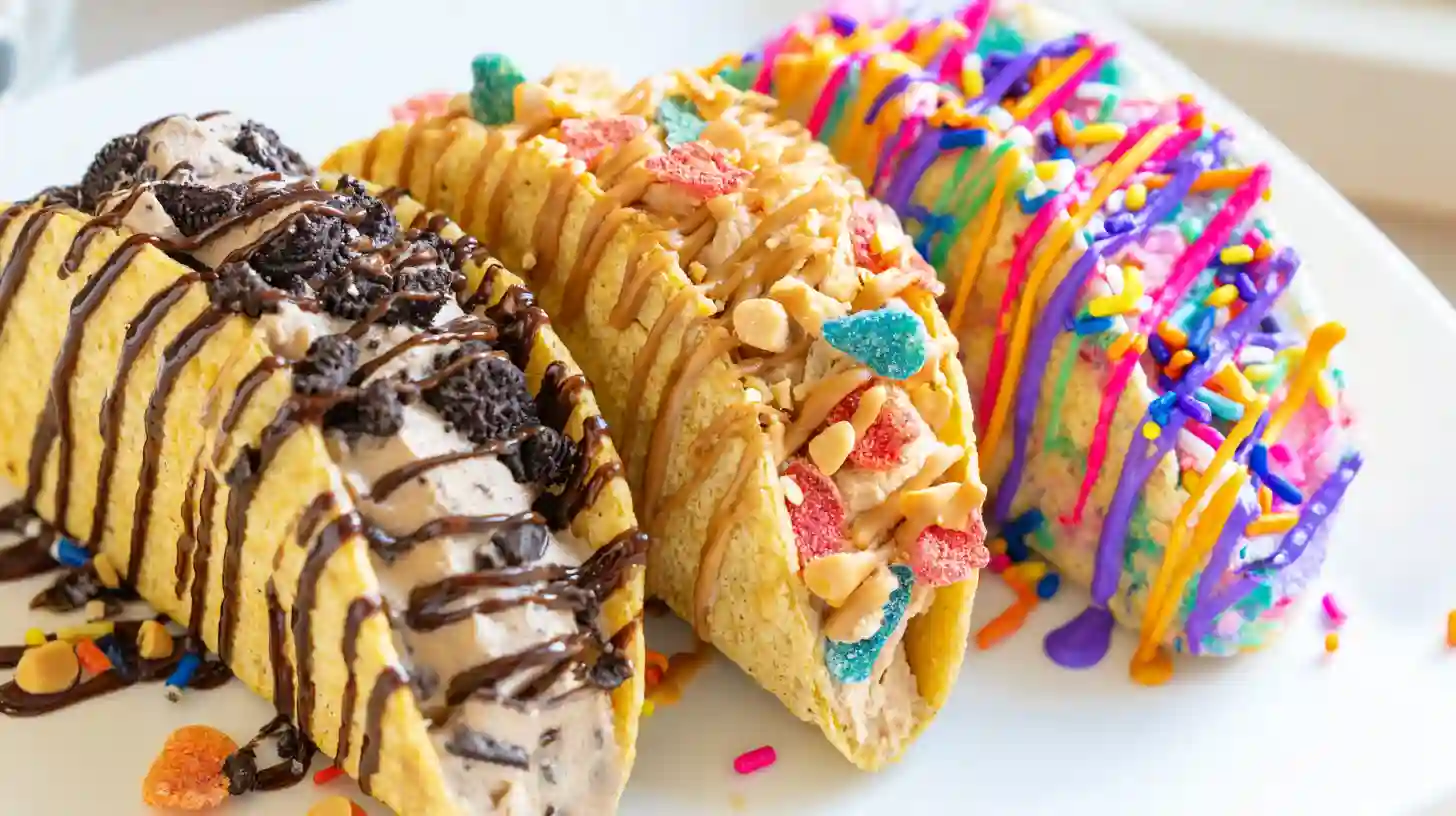 fruity-pebbles-cheesecake-tacos-3-flavors Fruity Pebbles Cheesecake Tacos Oreo Peanut Butter Cup Birthday Cake variations easy dessert recipes