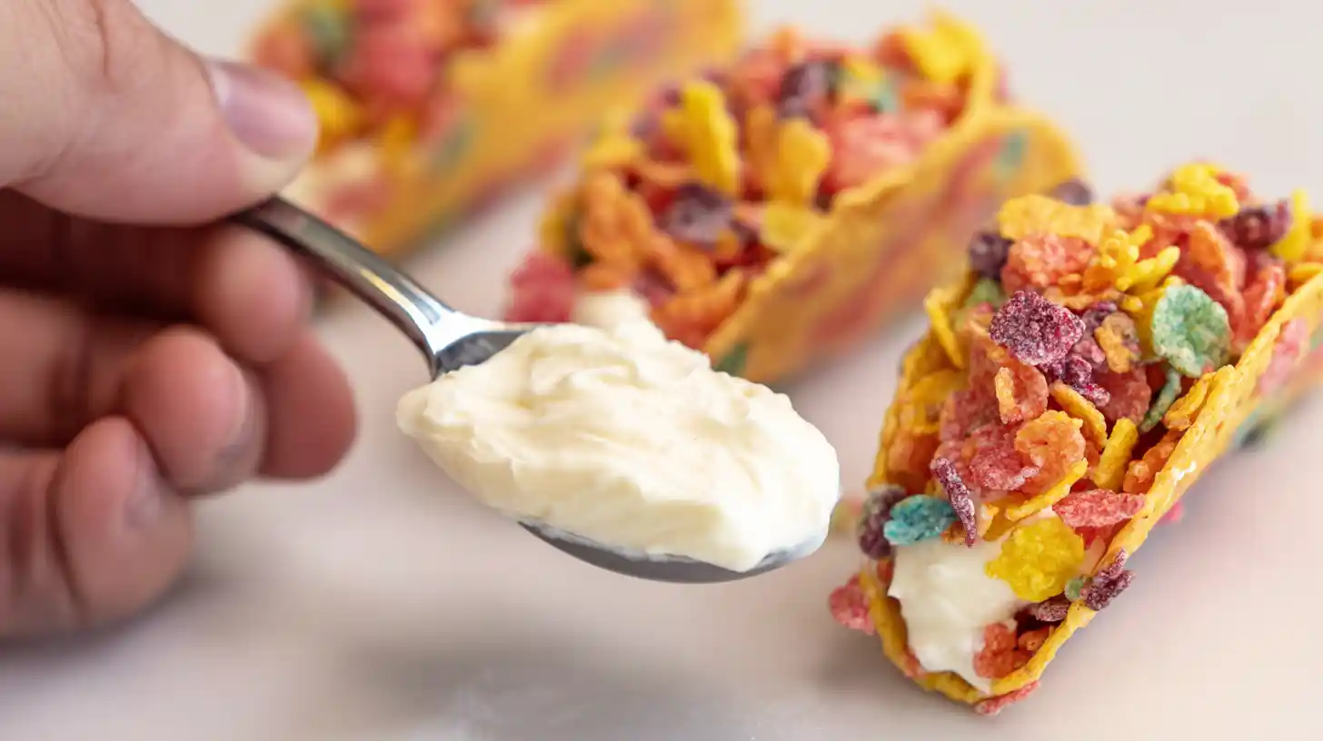 fruity-pebbles-cheesecake-tacos-step3-fill Fruity Pebbles Cheesecake Tacos filled with creamy no bake cheesecake dessert recipe