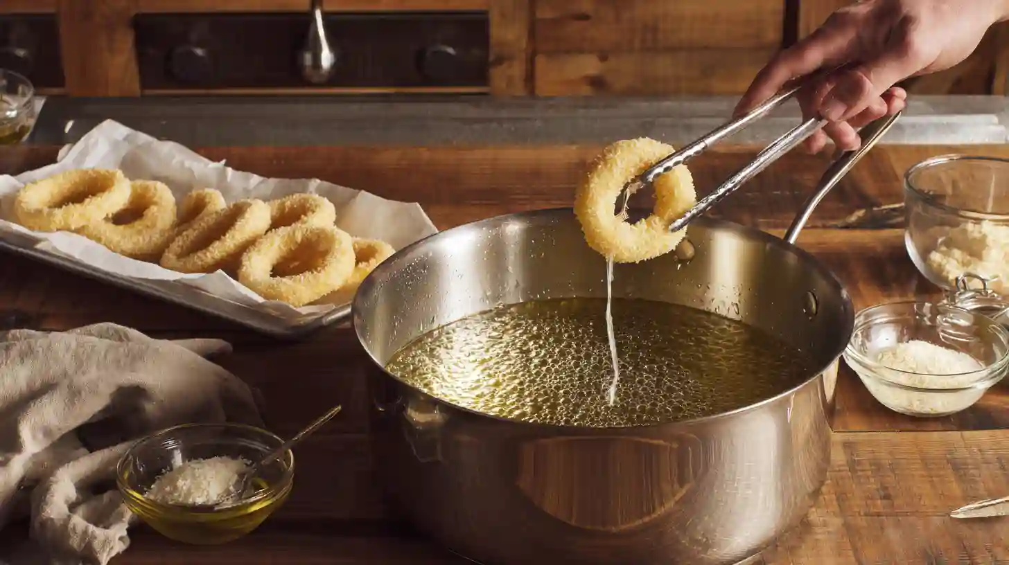 frying-cheesy-mozzarella-onion-rings Frying cheesy mozzarella onion rings – crispy fried snacks recipe step