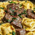 Garlic butter steak and cheese ravioli tossed in sauce – easy family meals with steak and quick skillet dinners