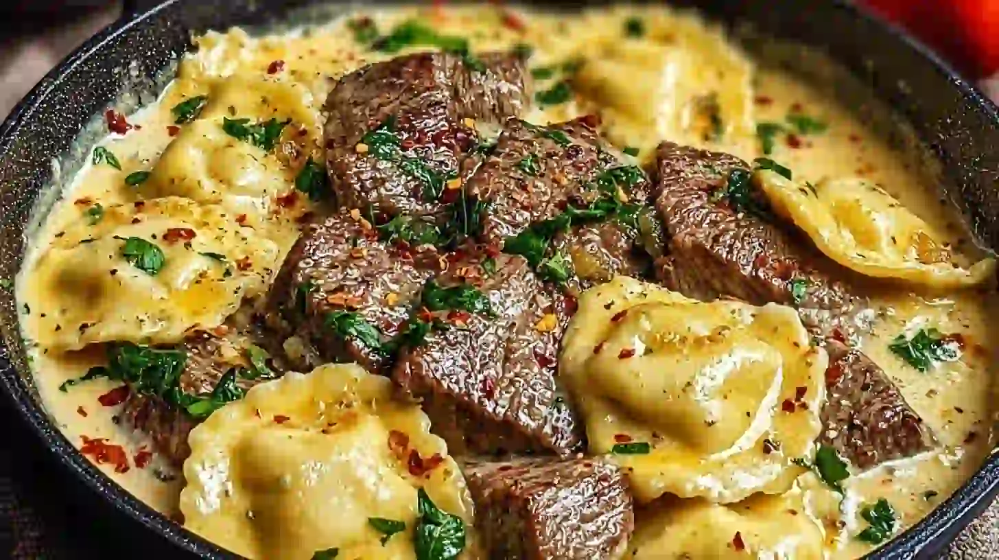 garlic-butter-steak-ravioli-final-skillet Garlic butter steak and cheese ravioli tossed in sauce – easy family meals with steak and quick skillet dinners