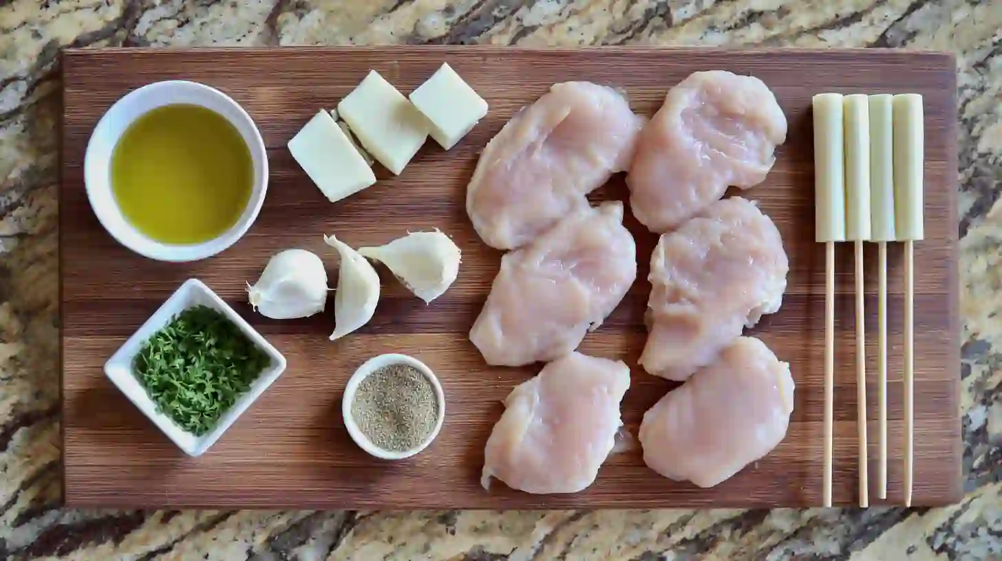 garlic-mozzarella-chicken-bomb-skewers-ingredients Ingredients for garlic mozzarella chicken bomb skewers including chicken breasts, cheese sticks, garlic, herbs – ideal for easy garlic chicken dinner ideas