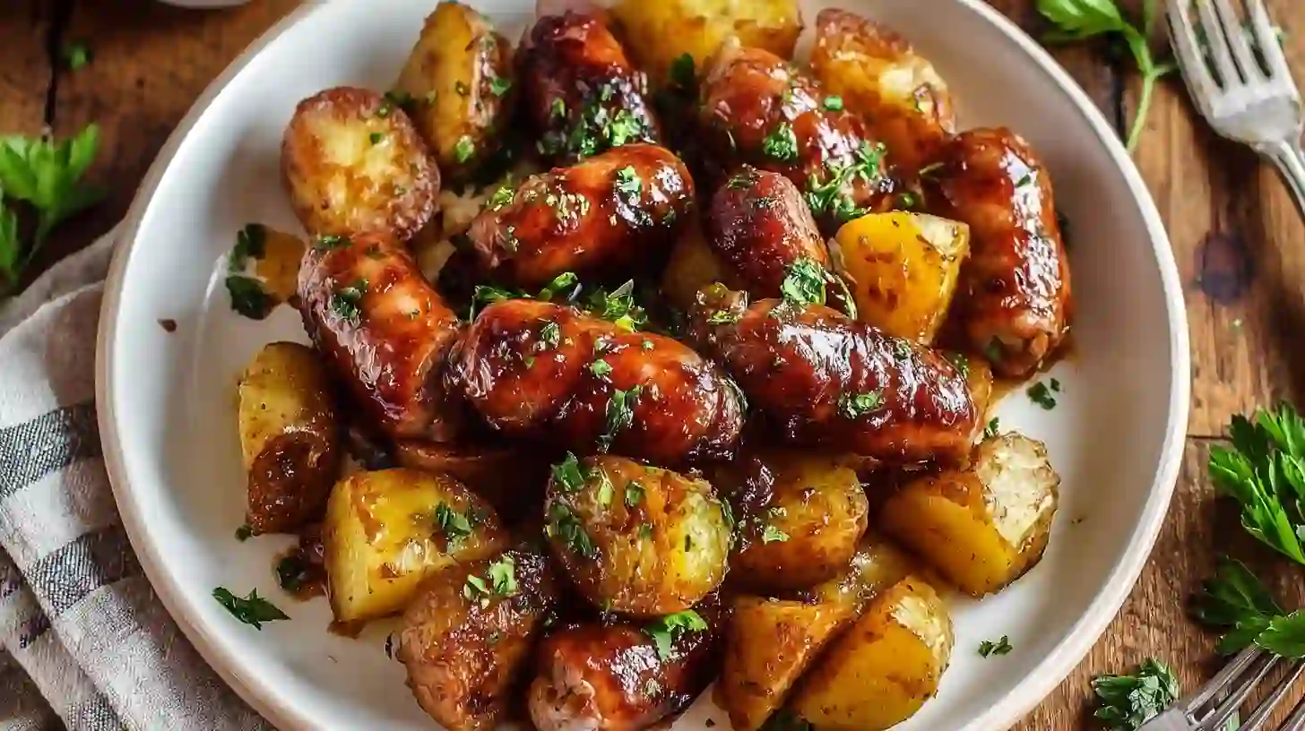 garnish-serve-sweet-savory-sausage-potatoes Garnishing Sweet and Savory Glazed Sausage and Potatoes with fresh parsley – budget-friendly comfort food recipe for families.