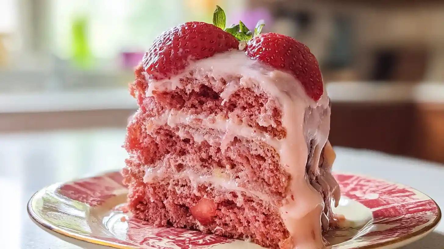 glaze-and-serve-strawberry-honey-bun-cake-step-5 Freshly baked strawberry honey bun cake topped with silky strawberry glaze – perfect easy dessert recipe for birthdays and family gatherings.