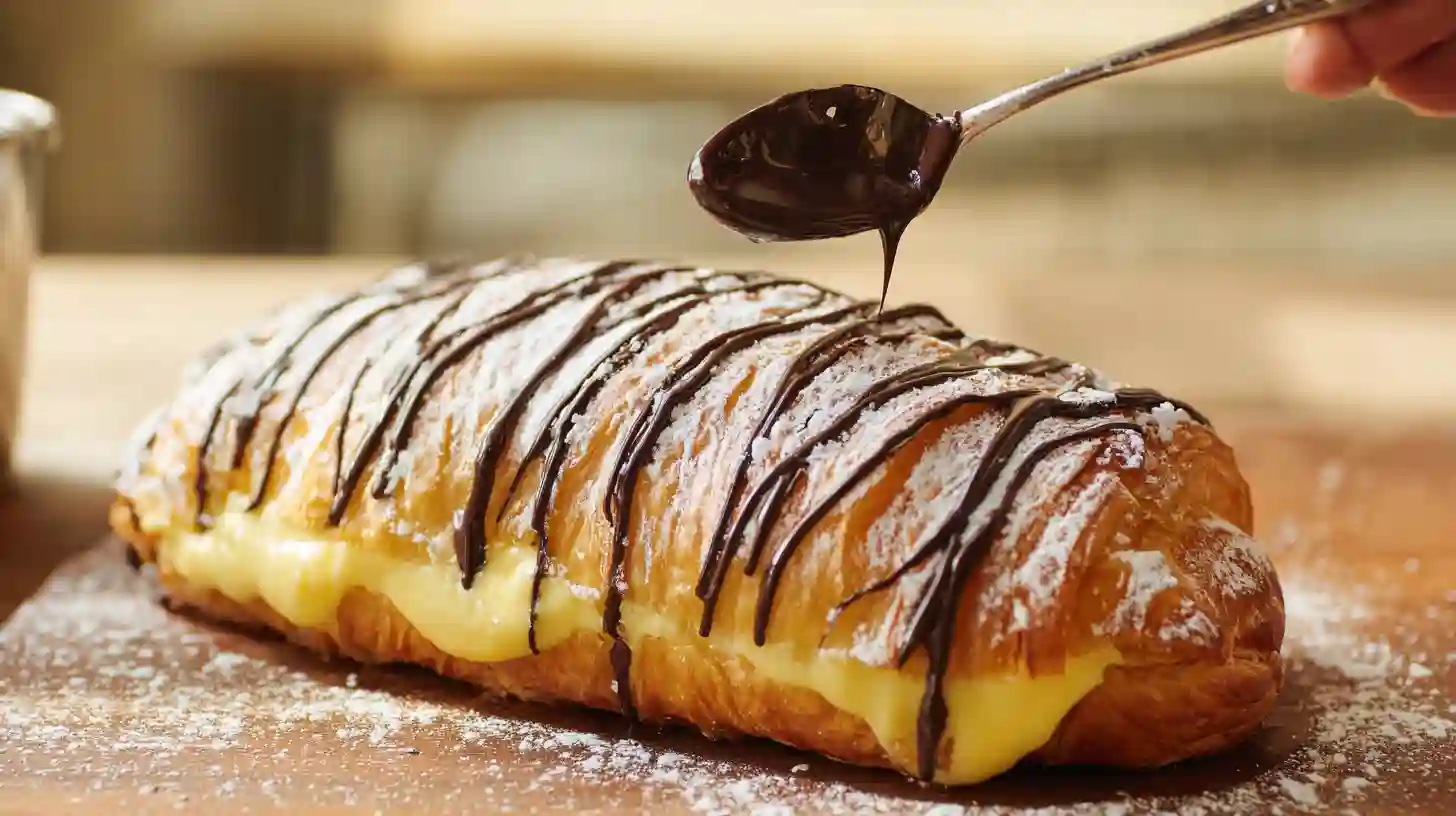 glazing-boston-cream-croissant-loaf Drizzling glossy chocolate glaze over Dunkin Donuts Boston Cream Croissant Loaf recipe, one of the best croissant dessert recipes for families