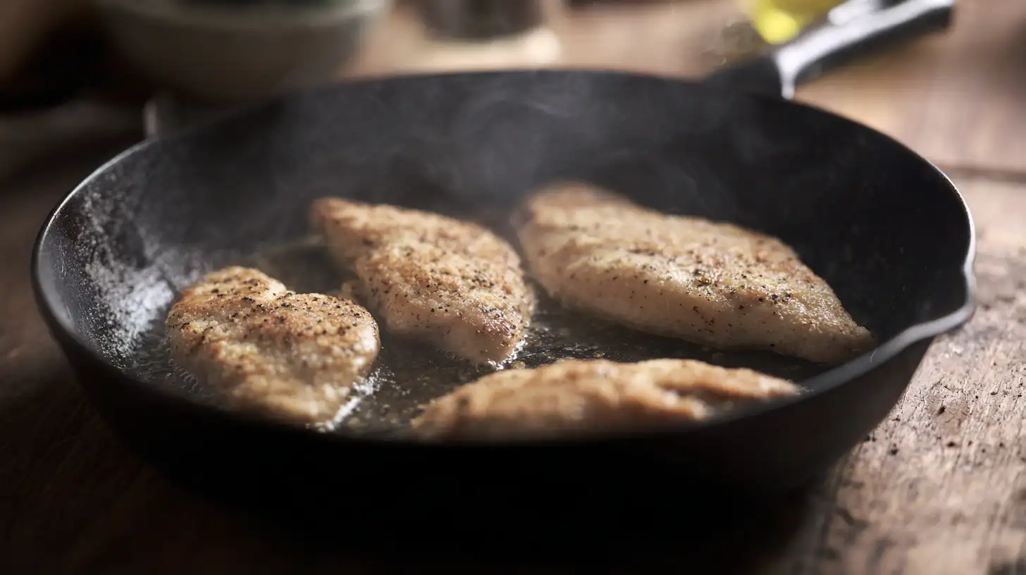 golden-seared-chicken-skillet-honey-garlic-bacon Golden-seared chicken breasts dredged in flour cooking in skillet for honey garlic bacon chicken recipe – best skillet chicken recipes, healthy weeknight chicken dinners, high-protein chicken and bacon recipe.