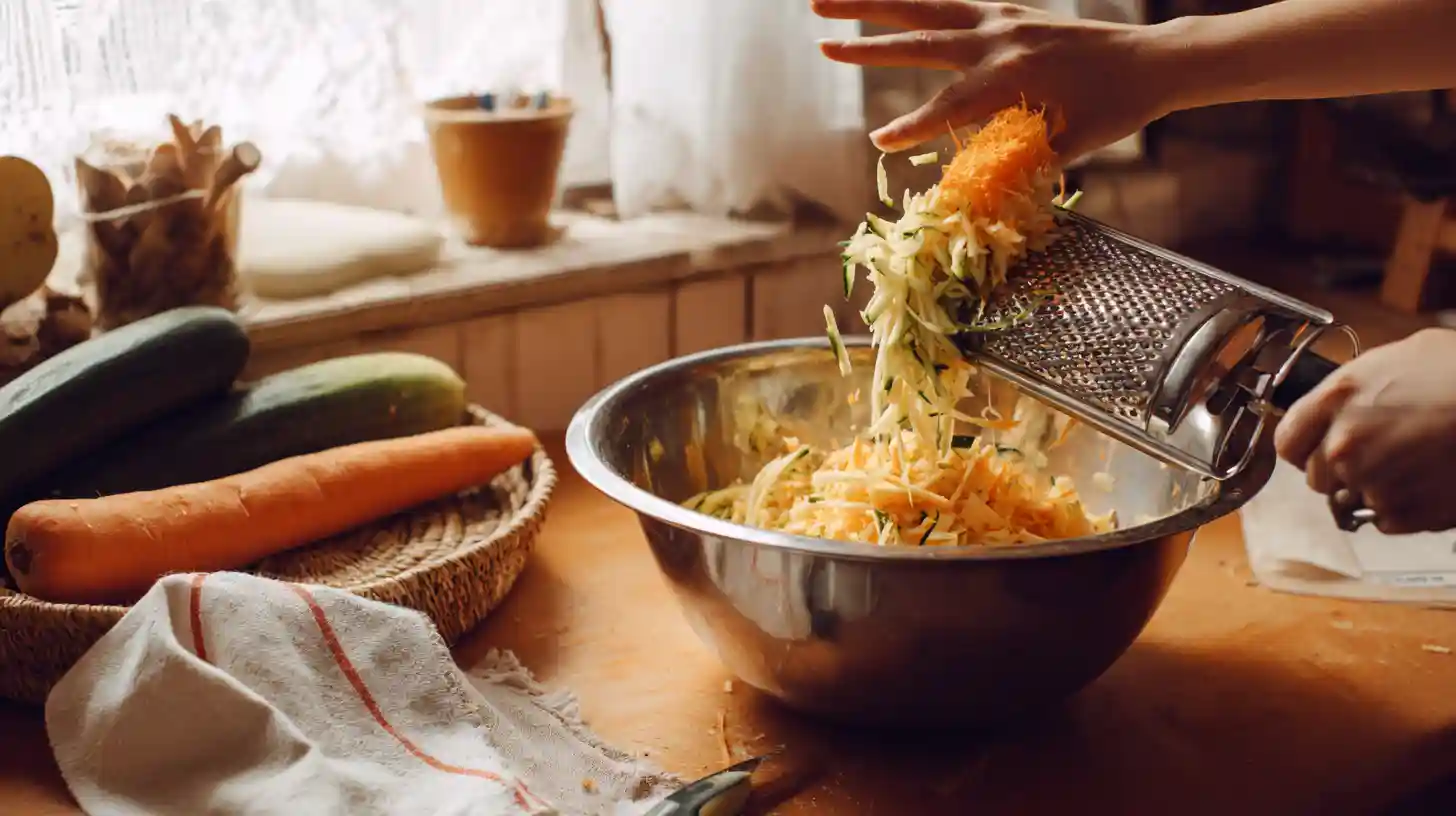 grating-zucchini-carrot-potato-for-muffins Grating zucchini, potato, and carrot for cheese muffins – perfect for easy vegetable muffin recipe and budget-friendly baking ideas