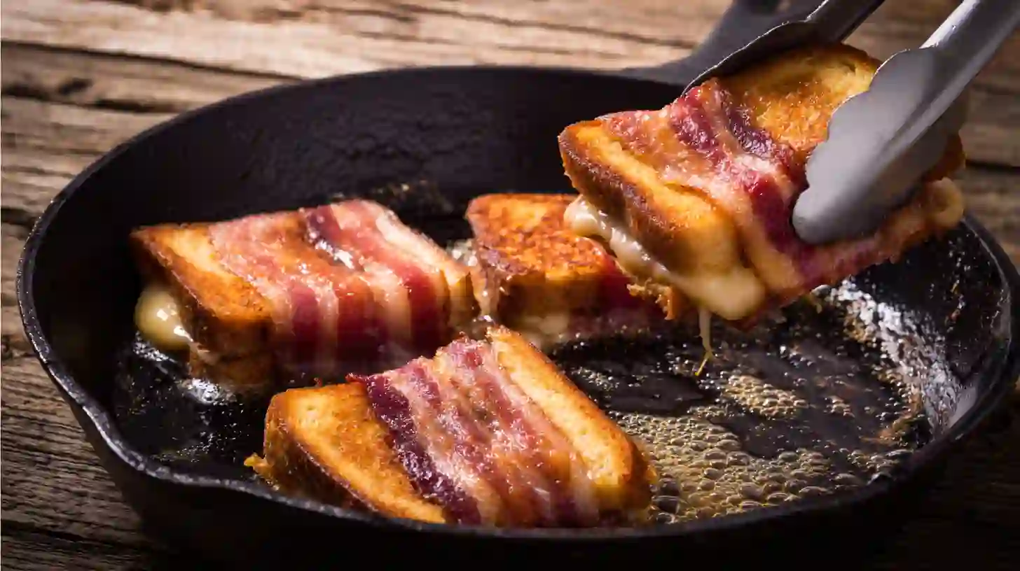 grilling-bacon-wrapped-grilled-cheese-fingers Grilling Bacon-Wrapped Grilled Cheese Fingers recipe in a cast iron skillet, perfect for crispy bacon grilled cheese recipe and family-friendly sandwich recipes