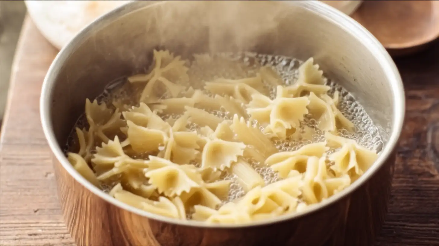 healthy-chicken-pot-pie-pasta-cooking-penne Healthy Chicken Pot Pie Pasta cooking – boiling penne for creamy chicken pasta bake, healthy dinner ideas for busy families