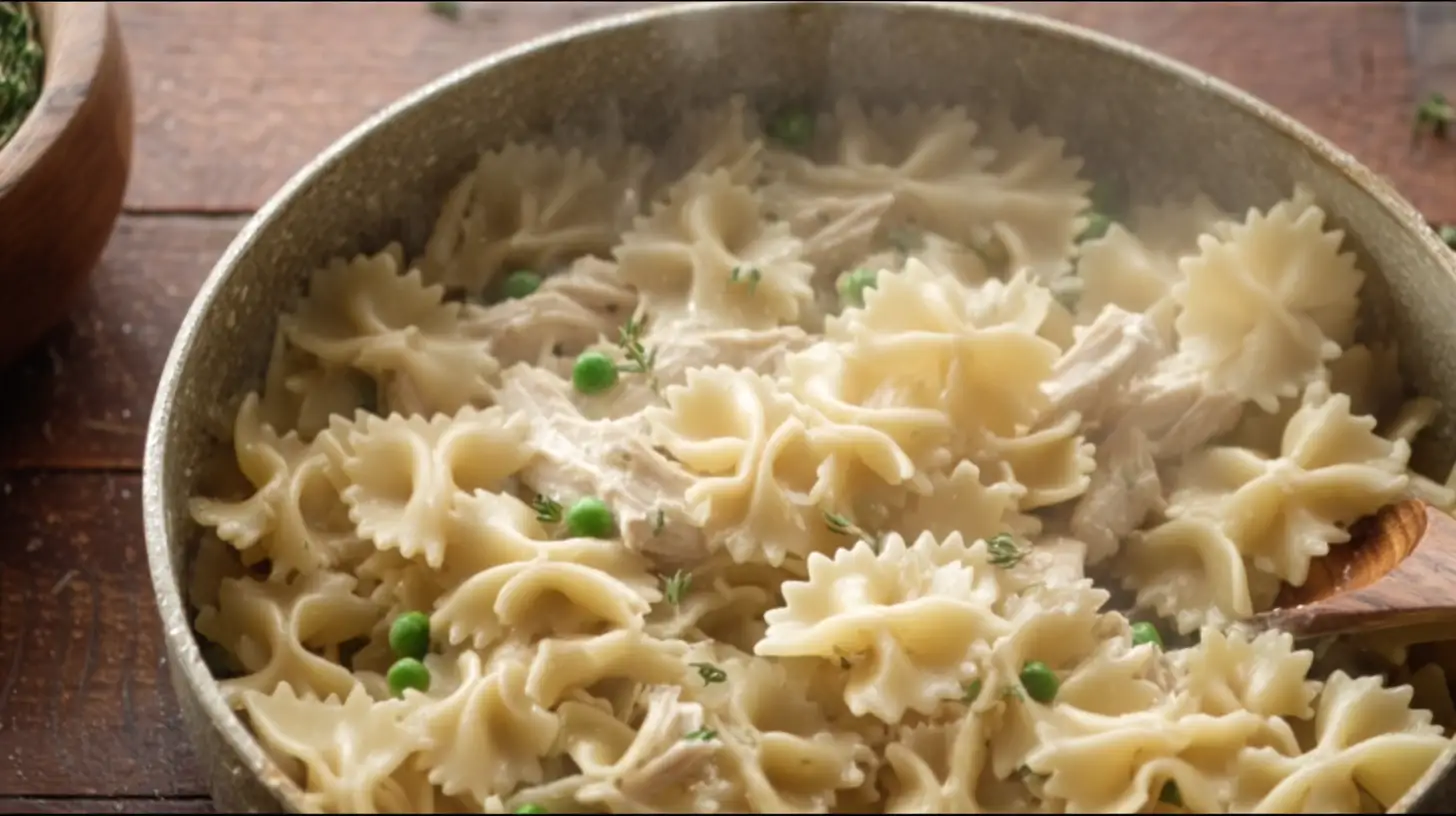 healthy-chicken-pot-pie-pasta-mixing-ingredients Healthy Chicken Pot Pie Pasta – stirring chicken, peas, and pasta into creamy sauce for chicken pasta casserole, healthy family dinner recipe