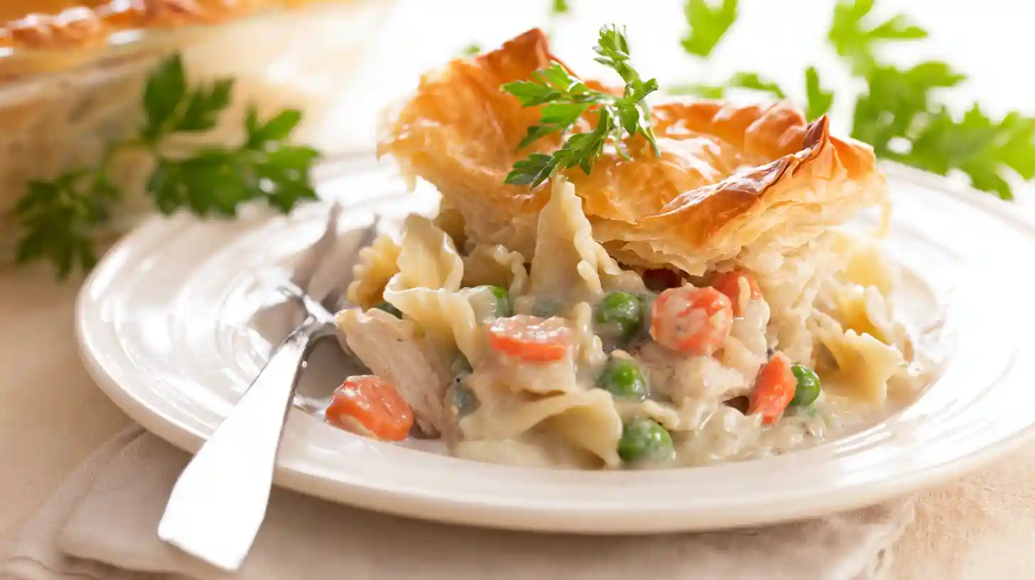 healthy-chicken-pot-pie-pasta-serving-plate Healthy Chicken Pot Pie Pasta serving on plate – golden puff pastry over creamy chicken pasta bake, perfect healthy comfort food dinner for families.